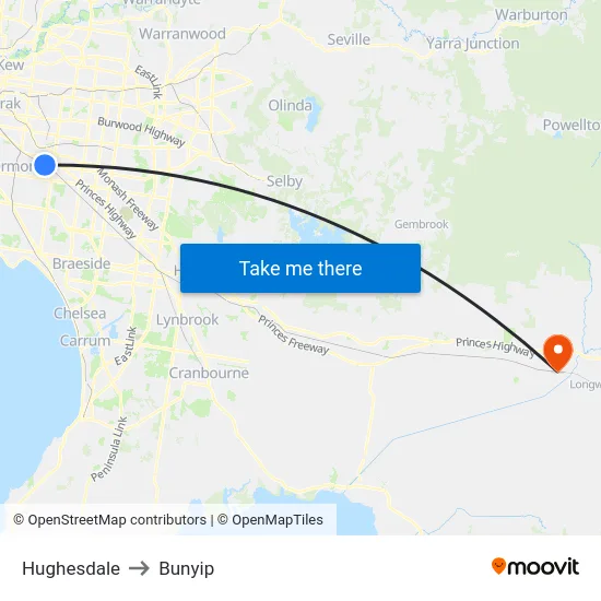 Hughesdale to Bunyip map