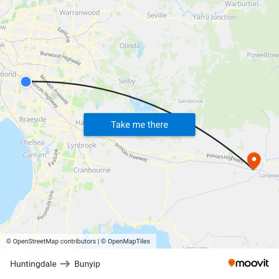 Huntingdale to Bunyip map
