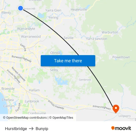 Hurstbridge to Bunyip map