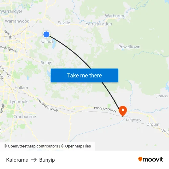 Kalorama to Bunyip map