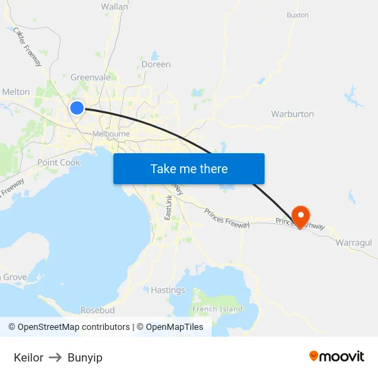 Keilor to Bunyip map