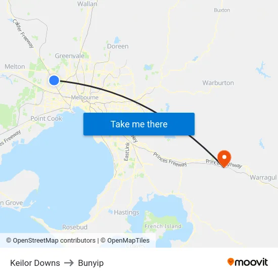 Keilor Downs to Bunyip map