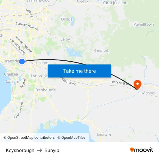 Keysborough to Bunyip map