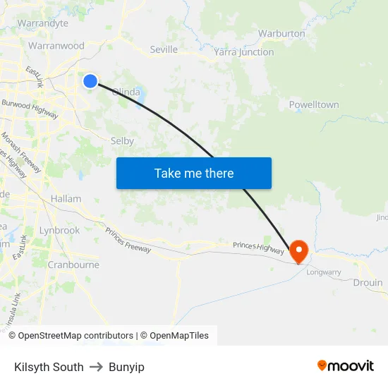 Kilsyth South to Bunyip map