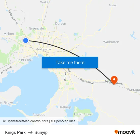 Kings Park to Bunyip map