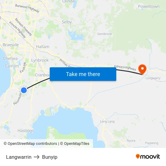 Langwarrin to Bunyip map