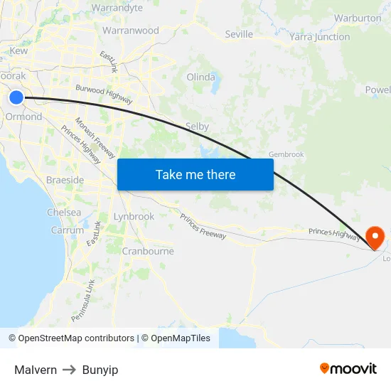 Malvern to Bunyip map