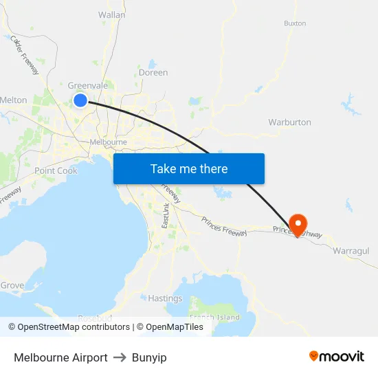 Melbourne Airport to Bunyip map