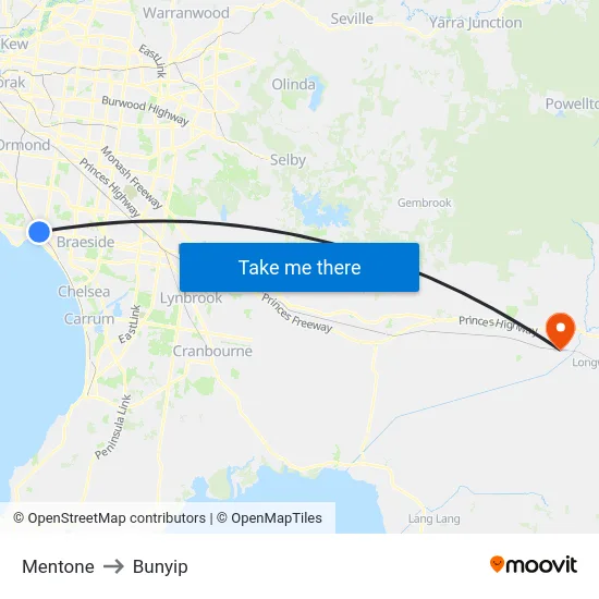 Mentone to Bunyip map
