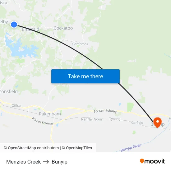Menzies Creek to Bunyip map