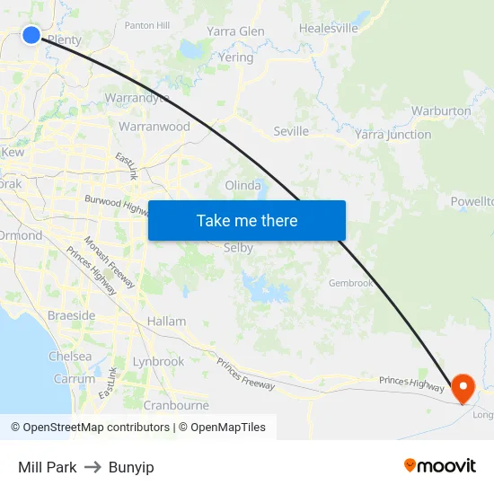 Mill Park to Bunyip map
