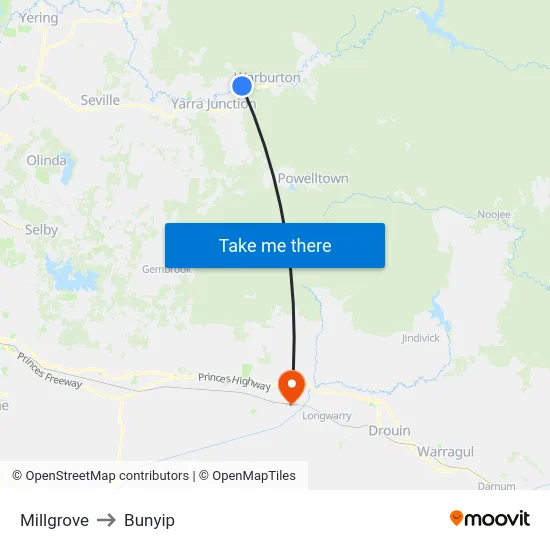 Millgrove to Bunyip map