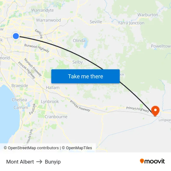Mont Albert to Bunyip map