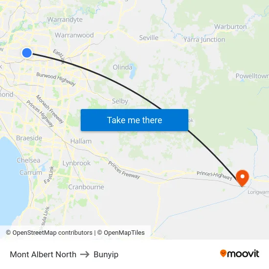 Mont Albert North to Bunyip map