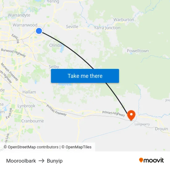Mooroolbark to Bunyip map