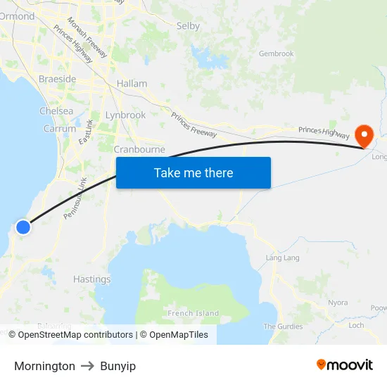 Mornington to Bunyip map