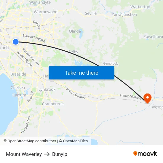 Mount Waverley to Bunyip map