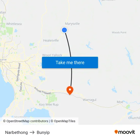 Narbethong to Bunyip map
