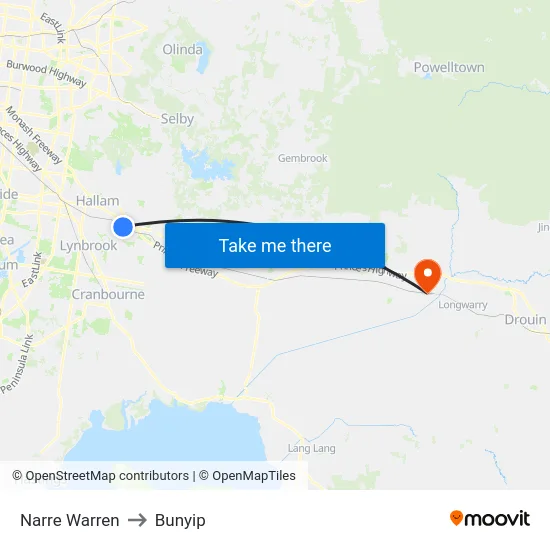 Narre Warren to Bunyip map
