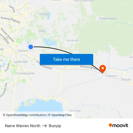 Narre Warren North to Bunyip map