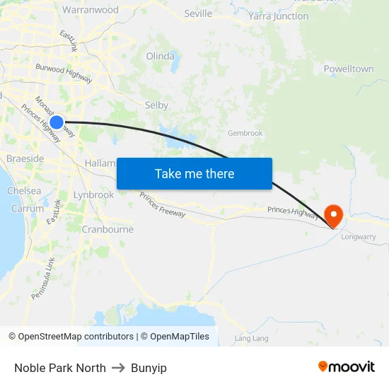 Noble Park North to Bunyip map