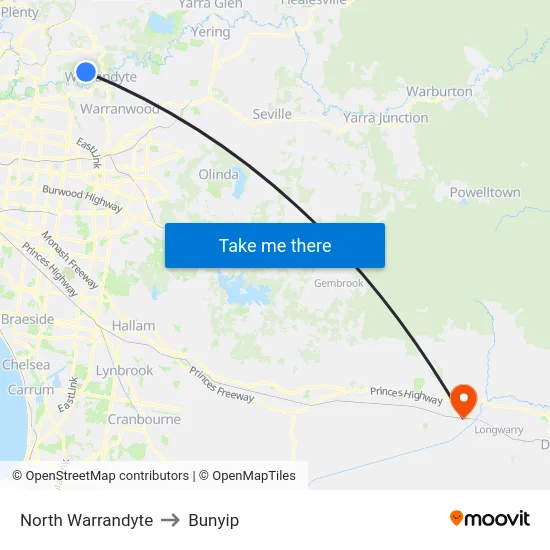 North Warrandyte to Bunyip map