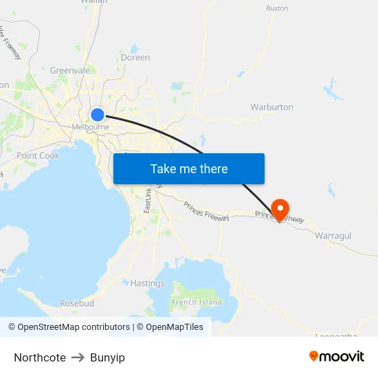 Northcote to Bunyip map