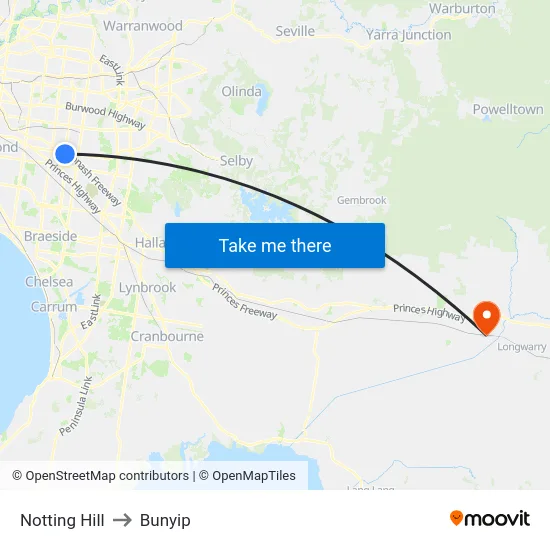 Notting Hill to Bunyip map