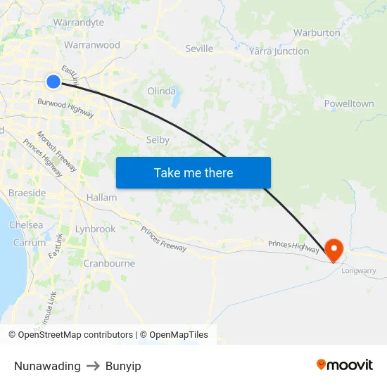Nunawading to Bunyip map
