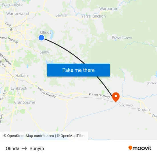 Olinda to Bunyip map