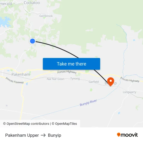 Pakenham Upper to Bunyip map