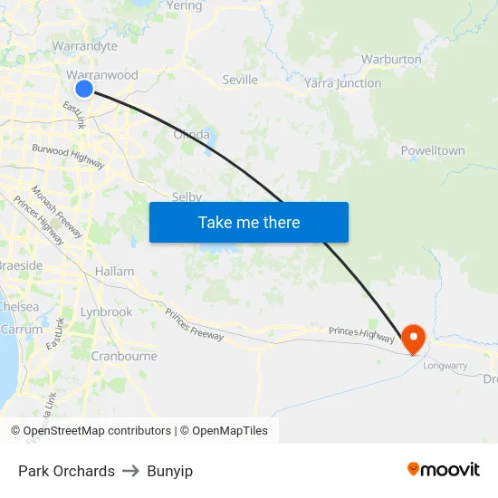 Park Orchards to Bunyip map