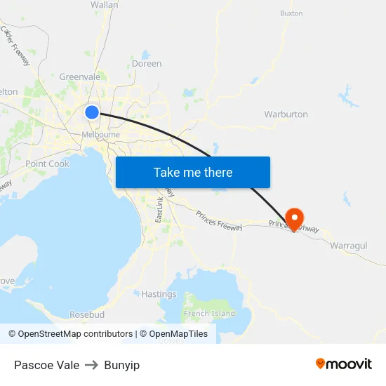 Pascoe Vale to Bunyip map