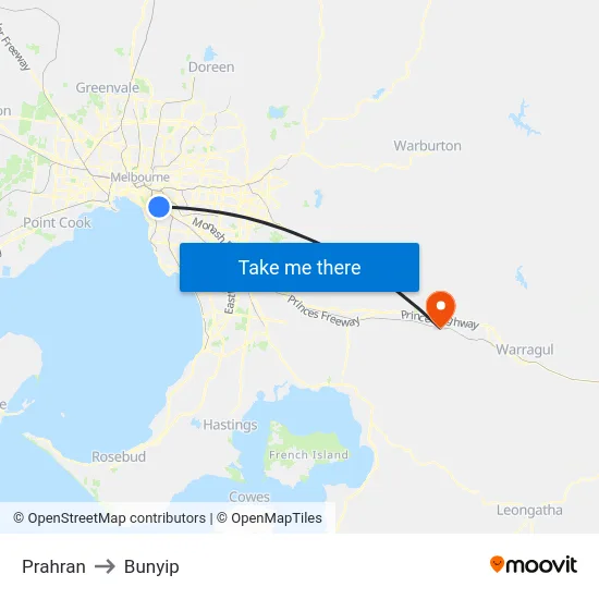 Prahran to Bunyip map