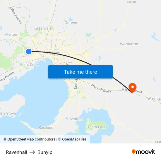 Ravenhall to Bunyip map