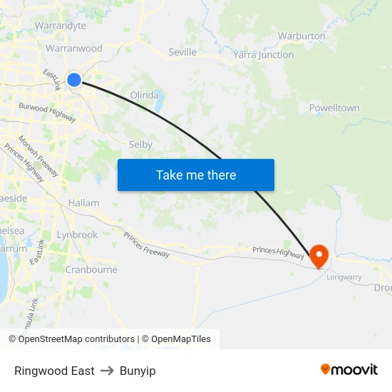 Ringwood East to Bunyip map