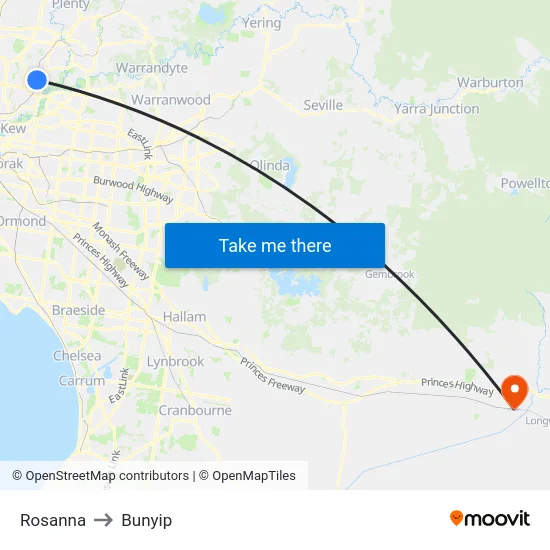 Rosanna to Bunyip map