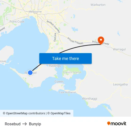 Rosebud to Bunyip map