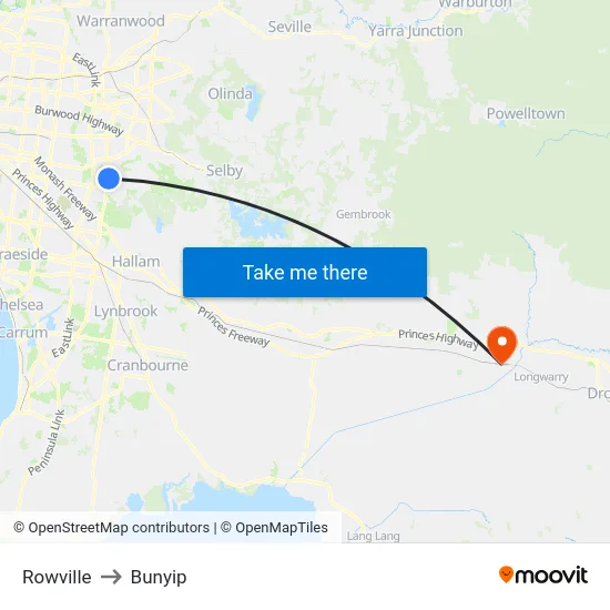 Rowville to Bunyip map