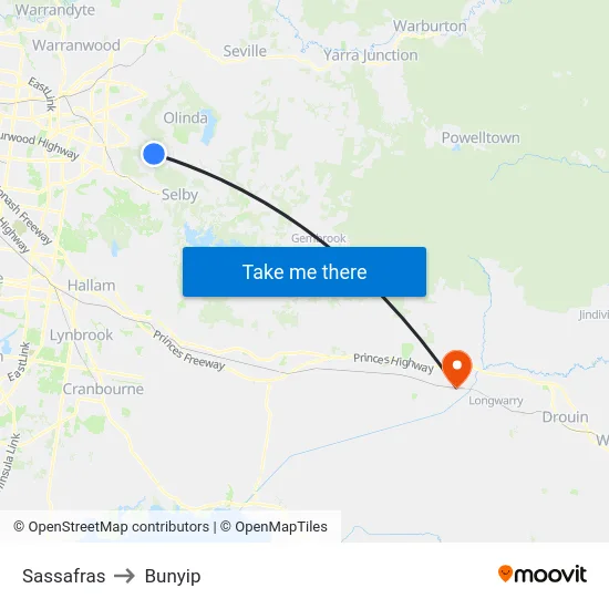 Sassafras to Bunyip map