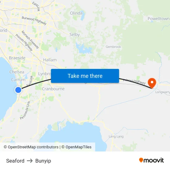 Seaford to Bunyip map