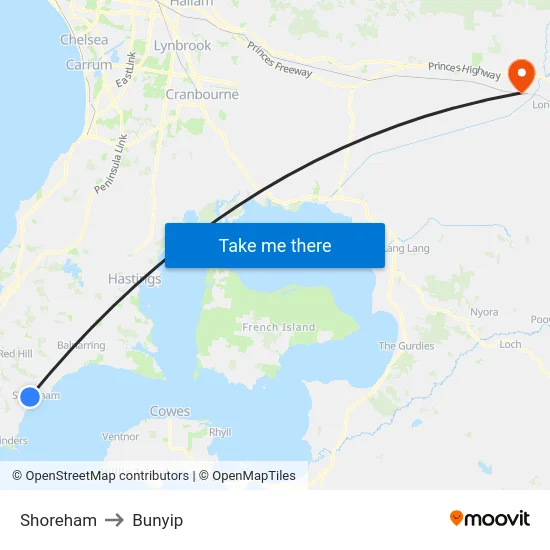 Shoreham to Bunyip map