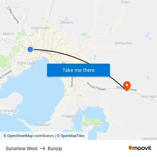 Sunshine West to Bunyip map