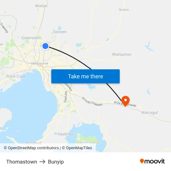 Thomastown to Bunyip map