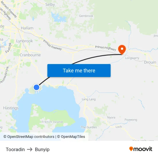 Tooradin to Bunyip map