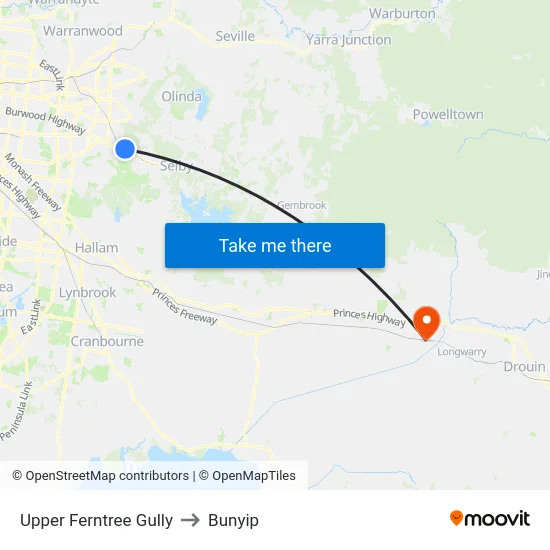 Upper Ferntree Gully to Bunyip map