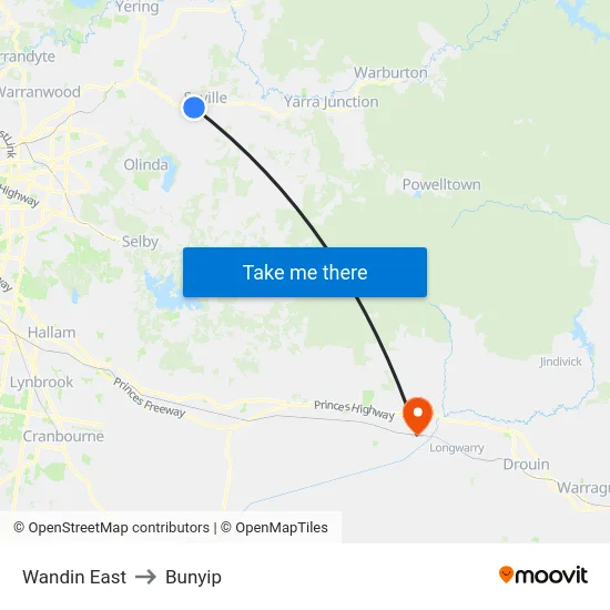 Wandin East to Bunyip map