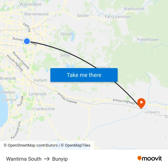 Wantirna South to Bunyip map