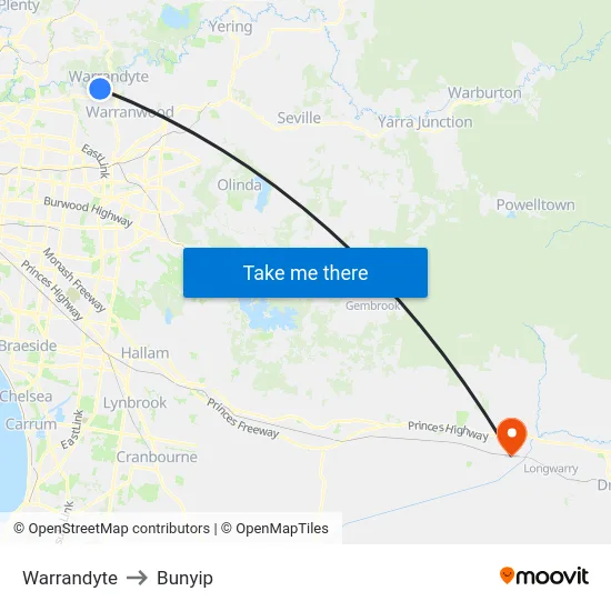 Warrandyte to Bunyip map