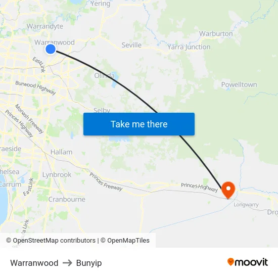 Warranwood to Bunyip map